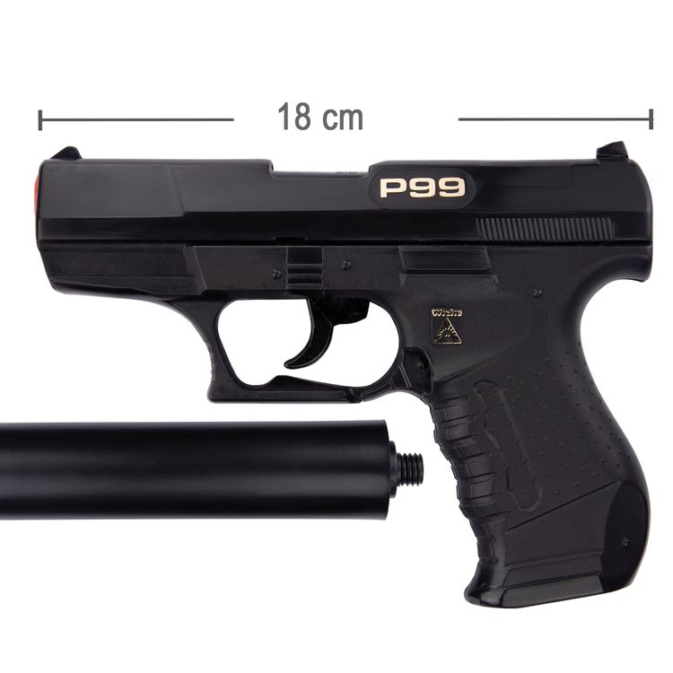 Polizei Pistole mit Schalldämpfer Schwarz P99 Special Agent 18 cm 25-Schuss Schwarze Polizei Pistole mit abschraubbarem Schalldämpfer von der Seite