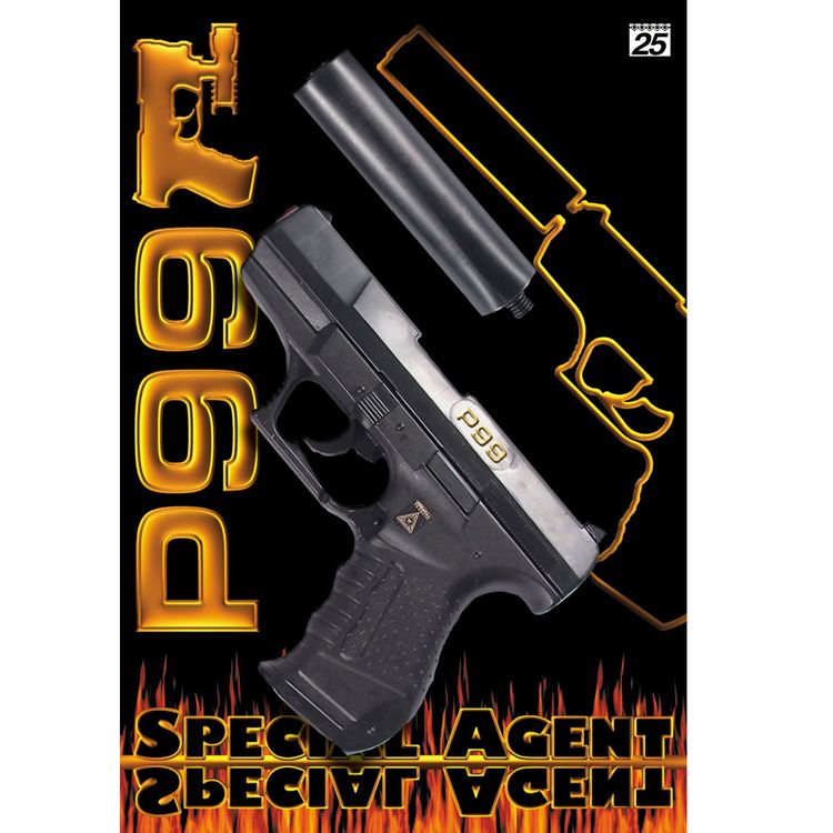 Polizei Pistole mit Schalldämpfer Schwarz P99 Special Agent 18 cm 25-Schuss Schwarze Polizei Pistole mit abschraubbarem Schalldämpfer von der Seite