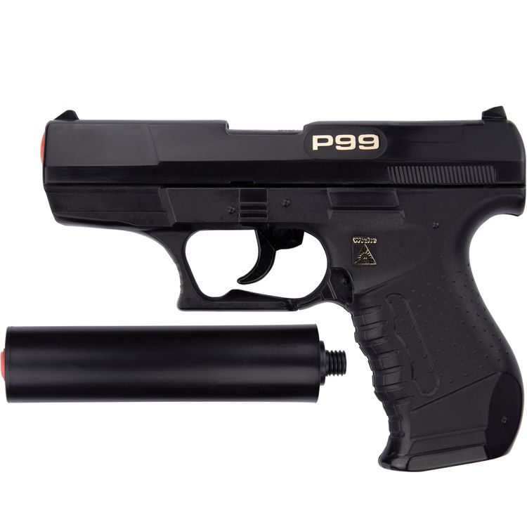 Polizei Pistole mit Schalldämpfer Schwarz P99 18 cm mit 200 Schuss Munition
