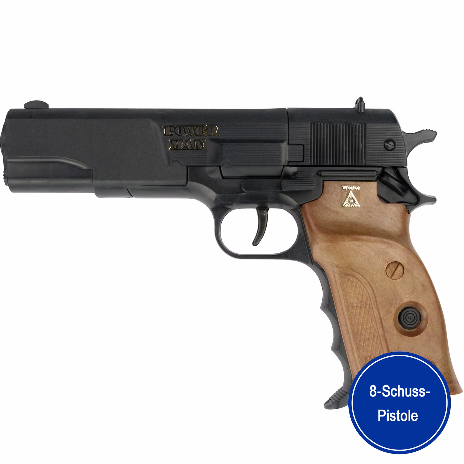 Polizei Pistole Powerman Schwarz 22 cm 8-Schuss-Pistole Spielzeug-Pistole Agent Kostüm-Zubehör Fasching Karneval Mottoparty Polizei Pistole Powerman mit dem Hinweis 8-Schuss-Pistole von der Seite