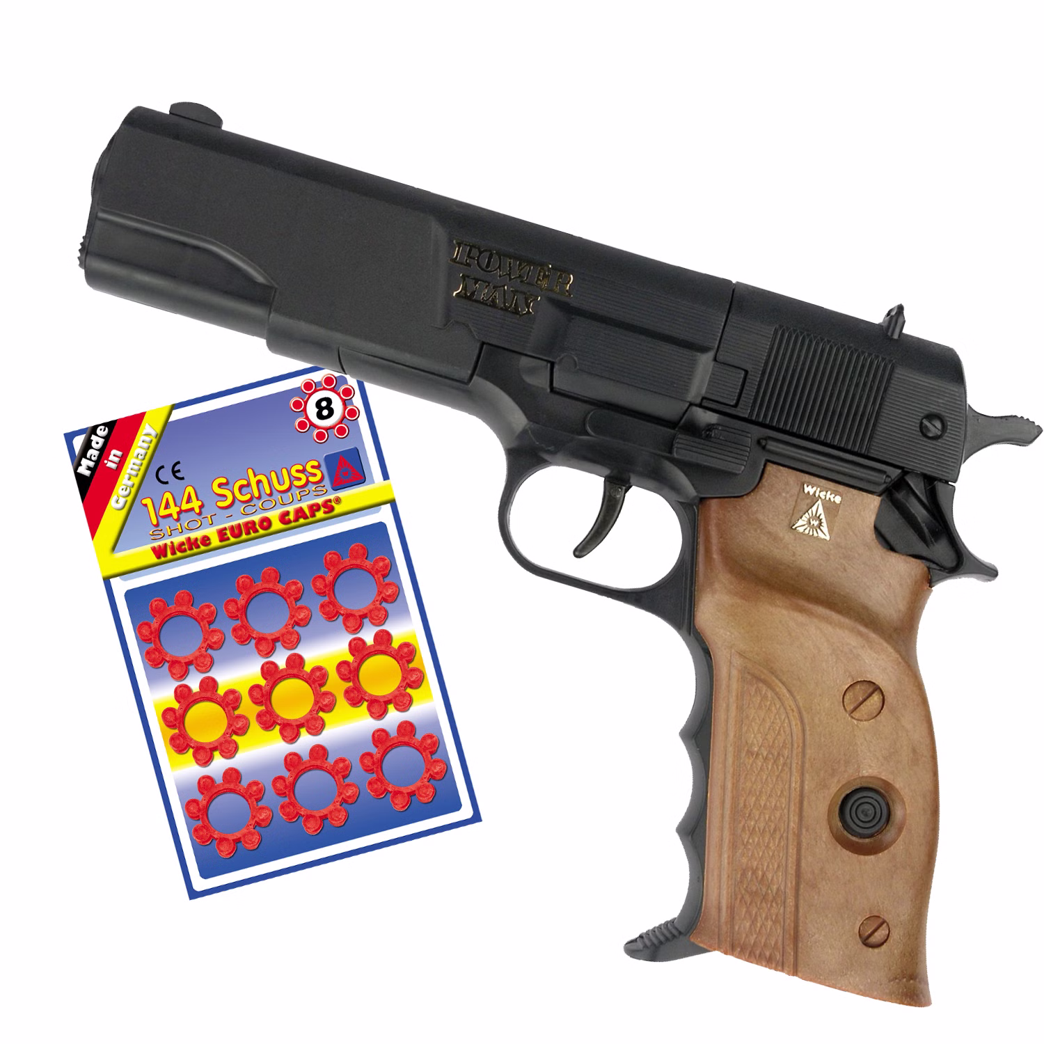 Polizei Pistole Agent Powerman Schwarz 22 cm inkl. 144 Schuss-Munition Kostüm-Zubehör Fasching Karneval Mottoparty Polizei Pistole Agent Powerman von der Seite mit Blisterkarte Munition 144 Schuss