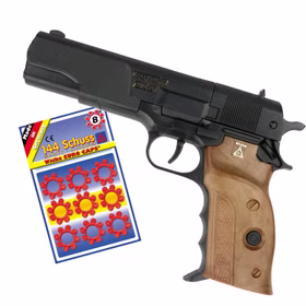 Polizei Pistole Agent Powerman Schwarz 22 cm inkl. 144 Schuss-Munition Kostüm-Zubehör Fasching Karneval Mottoparty Polizei Pistole Agent Powerman von der Seite mit Blisterkarte Munition 144 Schuss