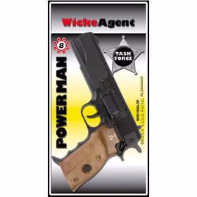 Polizei Pistole Agent Powerman Schwarz 22 cm inkl. 144 Schuss-Munition Kostüm-Zubehör Fasching Karneval Mottoparty Polizei Pistole Agent Powerman von der Seite auf Blisterkarte
