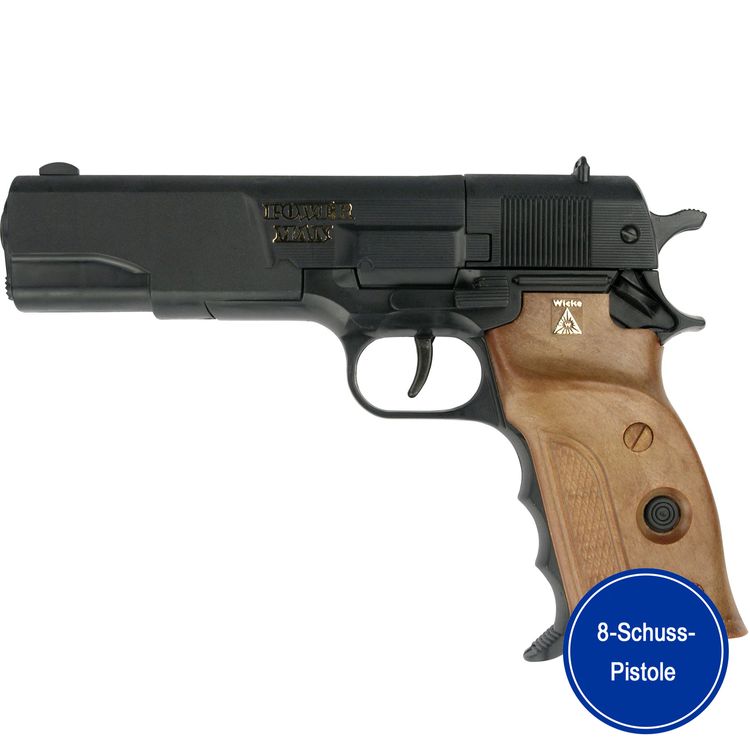 Polizei Pistole Agent Powerman Schwarz 22 cm inkl. 144 Schuss-Munition  Polizei Pistole Agent Powerman von der Seite mit Blisterkarte Munition 144 Schuss
