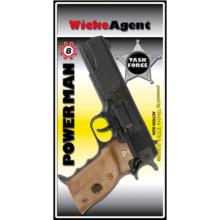 Polizei Pistole Agent Powerman Schwarz 22 cm inkl. 144 Schuss-Munition  Polizei Pistole Agent Powerman von der Seite mit Blisterkarte Munition 144 Schuss