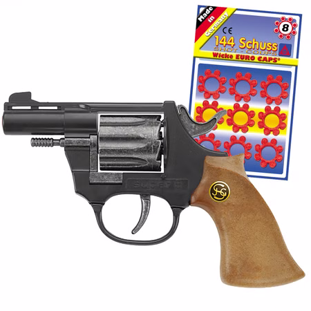 Pistole Super 8 14,5 cm Schwarz Braun mit 144 Schuss Munition Polizei Western