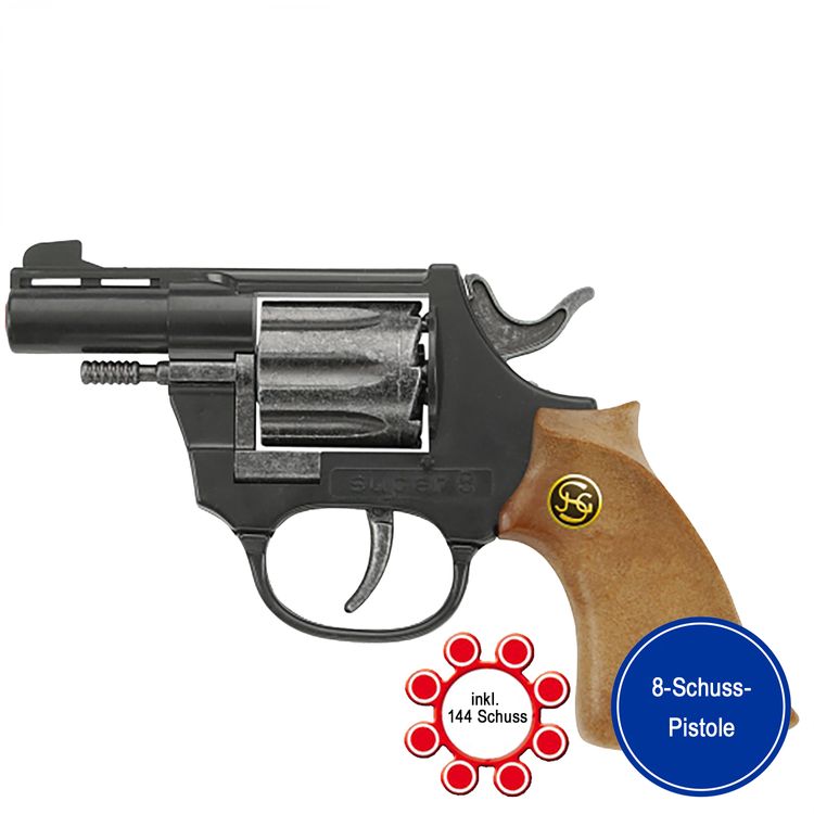 Pistole Super 8 14,5 cm Schwarz Braun mit 144 Schuss Munition Polizei Western