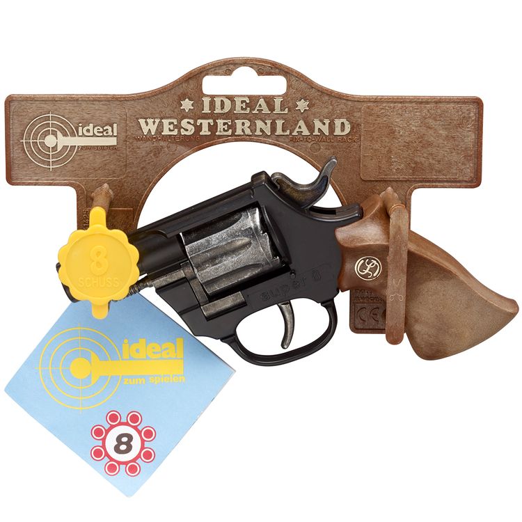 Pistole Super 8 14,5 cm Schwarz Braun mit 144 Schuss Munition Polizei Western