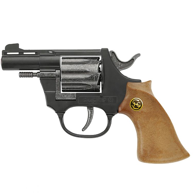 Pistole Super 8 14,5 cm Schwarz Braun mit 144 Schuss Munition Polizei Western