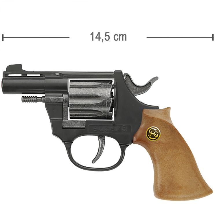 Pistole Super 8 14,5 cm Schwarz Braun mit 144 Schuss Munition Polizei Western