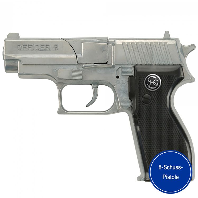 Polizei Pistole Officer 8 Schwarz Silber 15,5 cm inkl. 144 Schuss Munition
