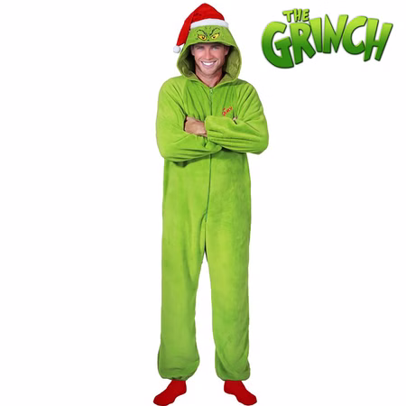 Grinch Kostüm The Grinch Kigurumi Overall für Kinder & Erwachsene Gr. 164-190 cm Weihnachten Advent Weihnachtsmuffel Fasching Karneval Mottoparty Grinch Kostüm The Grinch für Kinder und Erwachsene von Vorne mit Grinch-Schriftzug