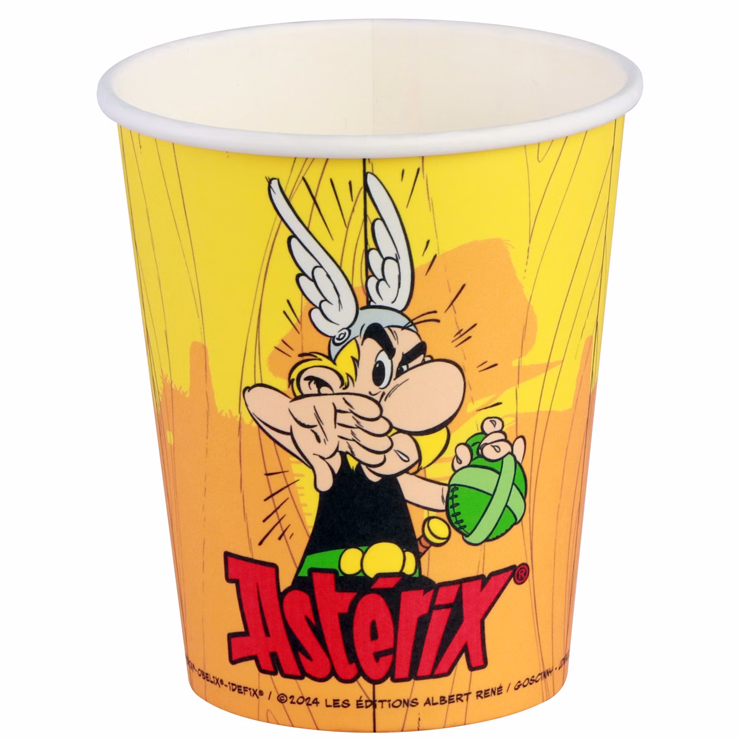Asterix & Obelix Geburtstag Party-Set Tisch-Deko 52-tlg. Part-Deko Party-Zubehör Kindergeburtstag Comic-Helden Dekoration gedeckter Tisch Gelber Asterix Partybecher mit Comicfigur und Logo in freigestellter Einzelansicht.