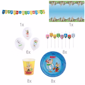 Asterix & Obelix Geburtstag Party-Set Tisch-Deko 32-tlg. Part-Deko Party-Zubehör Kindergeburtstag Comic-Helden Dekoration gedeckter Tisch Übersicht der enthaltenen Bestandteile des Asterix & Obelix Party-Sets mit Mengenangaben zu Dekoration und Geschirr.