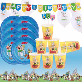Asterix & Obelix Geburtstag Party-Set Tisch-Deko 32-tlg. Part-Deko Party-Zubehör Kindergeburtstag Comic-Helden Dekoration gedeckter Tisch Asterix & Obelix Party-Set mit Tellern, Bechern, Girlande, Ballons, Trinkhalmen und Tischdecke in Übersichtsdarstellung.