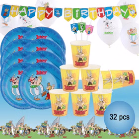 Asterix & Obelix Geburtstag Party-Set Tisch-Deko 32-tlg. Part-Deko Party-Zubehör Kindergeburtstag Comic-Helden Dekoration gedeckter Tisch Asterix & Obelix 32-teiliges Party-Set mit Partygeschirr, Ballons, Girlande und Tischdecke für Kindergeburtstag.