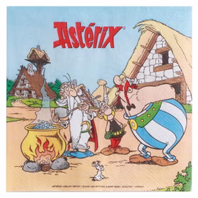 Asterix & Obelix Geburtstag Party-Set Tisch-Deko 52-tlg. Part-Deko Party-Zubehör Kindergeburtstag Comic-Helden Dekoration gedeckter Tisch Asterix Serviette mit Motiv aus dem gallischen Dorf neben Zaubertrankkessel und Obelix vor weißem Hintergrund.