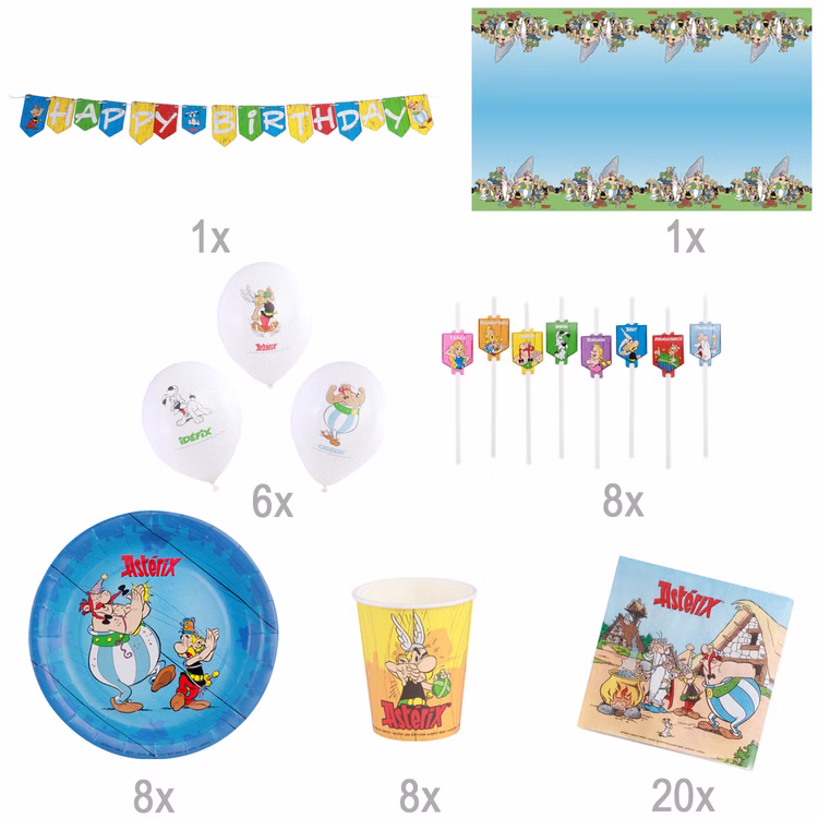 Asterix & Obelix Geburtstag Party-Set Tisch-Deko 52-tlg. Part-Deko Party-Zubehör Kindergeburtstag Comic-Helden Dekoration gedeckter Tisch Übersicht der enthaltenen Bestandteile des Asterix & Obelix Party-Sets mit Mengenangaben zu Dekoration und Geschirr.