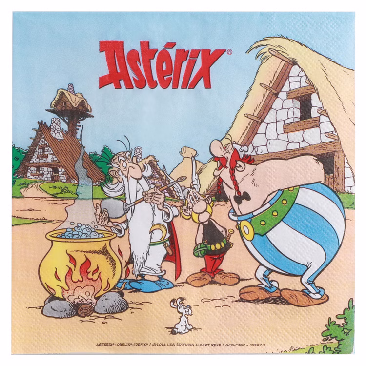Asterix & Obelix Geburtstag Party-Set Tisch-Deko 52-tlg. Part-Deko Party-Zubehör Kindergeburtstag Comic-Helden Dekoration gedeckter Tisch Asterix Serviette mit Motiv aus dem gallischen Dorf neben Zaubertrankkessel und Obelix vor weißem Hintergrund.