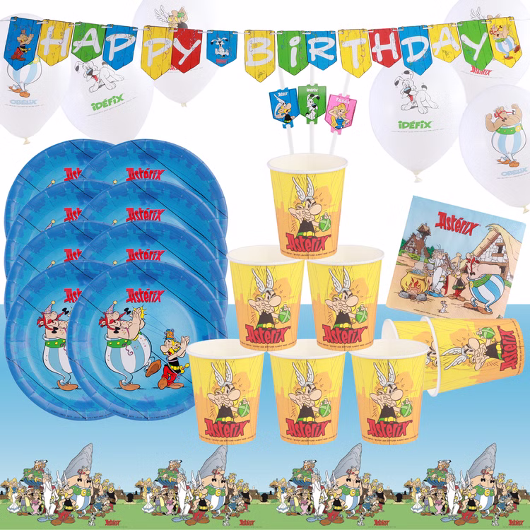 Asterix & Obelix Geburtstag Party-Set Tisch-Deko 52-tlg. Part-Deko Party-Zubehör Kindergeburtstag Comic-Helden Dekoration gedeckter Tisch Asterix & Obelix Party-Set mit Tellern, Bechern, Servietten, Girlande, Ballons, Trinkhalmen und Tischdecke in Übersichtsdarstellung.