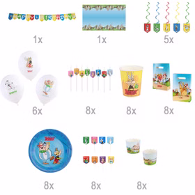 XXL Asterix & Obelix Geburtstag Party-Set Tisch-Deko 65-tlg. Part-Deko Kindergeburtstag Comic-Helden Dekoration gedeckter Tisch Übersicht der enthaltenen Bestandteile des Asterix & Obelix Party-Sets mit Mengenangaben zu Dekoration und Geschirr.