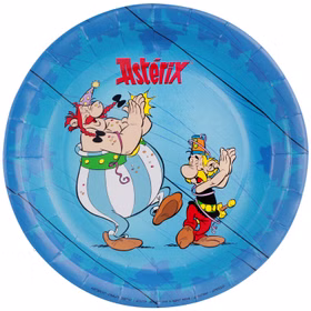 XXL Asterix & Obelix Geburtstag Party-Set Tisch-Deko 65-tlg. Part-Deko Kindergeburtstag Comic-Helden Dekoration gedeckter Tisch Blauer Asterix & Obelix Pappteller mit Comicmotiv und Partydesign in runder Einzelansicht.