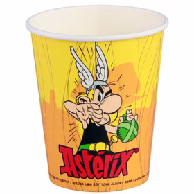 XXL Asterix & Obelix Geburtstag Party-Set Tisch-Deko 65-tlg. Part-Deko Kindergeburtstag Comic-Helden Dekoration gedeckter Tisch Gelber Asterix Partybecher mit Comicfigur und Logo in freigestellter Einzelansicht.