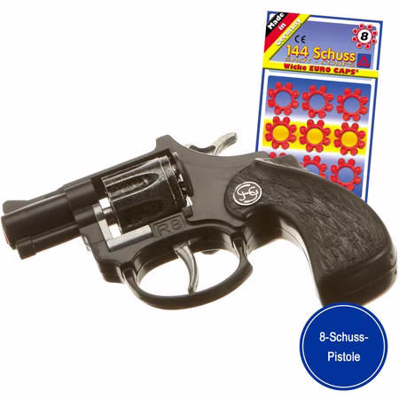 Pistole R 8 12 cm Schwarz Western Polizei Revolver inkl. 144 Schuss Munition Kostüm-Zubehör Spielzeug-Pistole Fasching Karneval Mottoparty Kinderfasching Pistole R 8 12 cm Schwarz Western Polizei Revolver inkl. 144 Schuss Munition seitlich von Vorne
