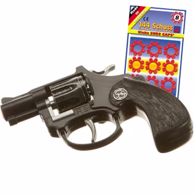 Pistole R 8 12 cm Schwarz Western Polizei Revolver inkl. 144 Schuss Munition Kostüm-Zubehör Spielzeug-Pistole Fasching Karneval Mottoparty Kinderfasching Pistole R 8 12 cm Schwarz Western Polizei Revolver inkl. 144 Schuss Munition seitlich von Vorne