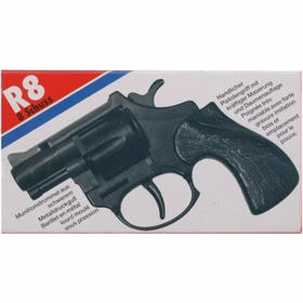 Pistole R 8 12 cm Schwarz Western Polizei Revolver inkl. 144 Schuss Munition Kostüm-Zubehör Spielzeug-Pistole Fasching Karneval Mottoparty Kinderfasching Pistole R 8 Schwarz 8-Schuss-Revolver in der Verpackung von Vorne