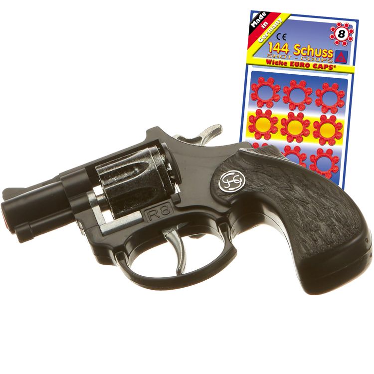 Pistole R 8 12 cm Schwarz Western Polizei Revolver inkl. 144 Schuss Munition seitlich von Vorne