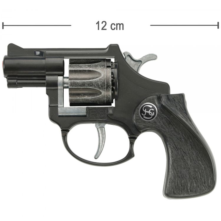 Pistole R 8 12 cm Schwarz Western Polizei Revolver inkl. 144 Schuss Munition seitlich von Vorne