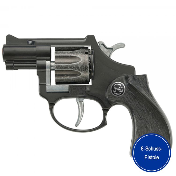 Pistole R 8 12 cm Schwarz Western Polizei Revolver inkl. 144 Schuss Munition seitlich von Vorne