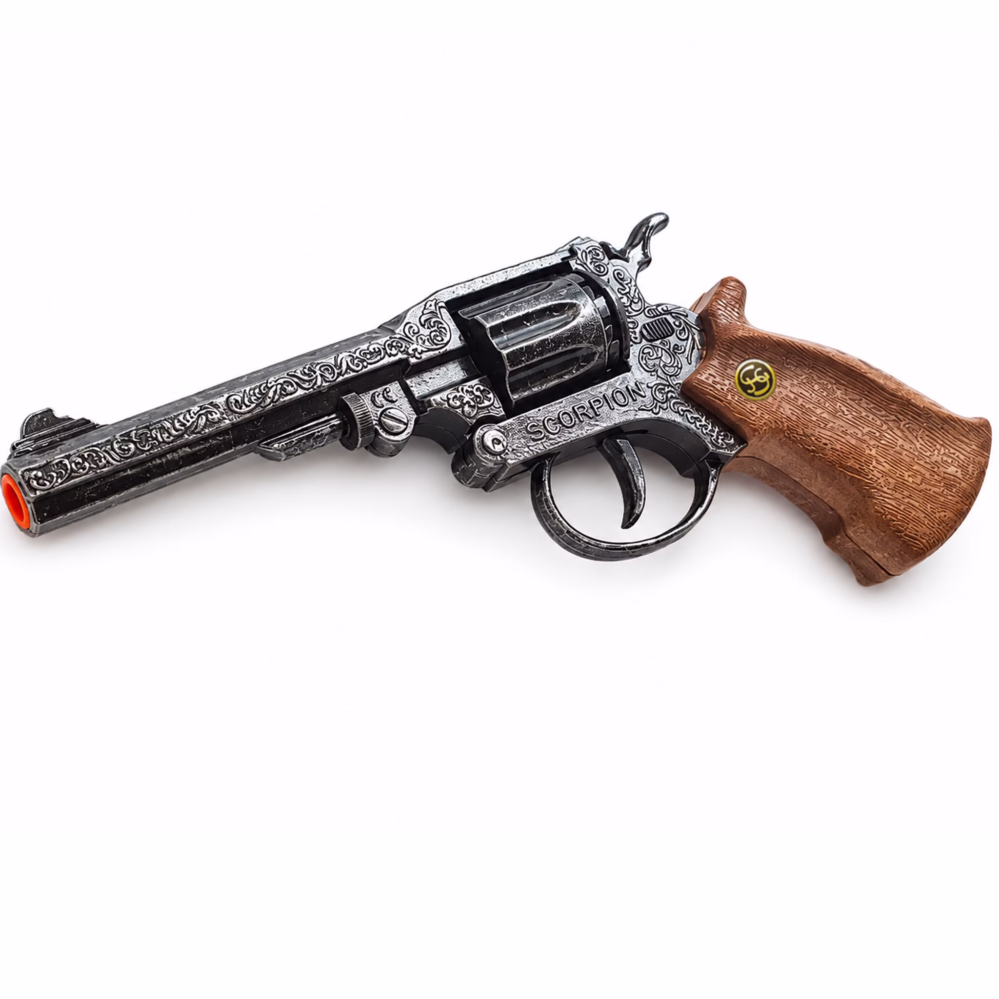 Cowboy Pistole Scorpion Antik 22 cm 8-Schuss-Revolver Kostüm-Zubehör Western Fasching Karneval Mottoparty Kinderfasching Antik gestalteter Cowboy-Revolver „Scorpion“ aus Zink und Kunststoff mit dekorativen Verzierungen und braunem Griff vor weißem Hintergrund.
