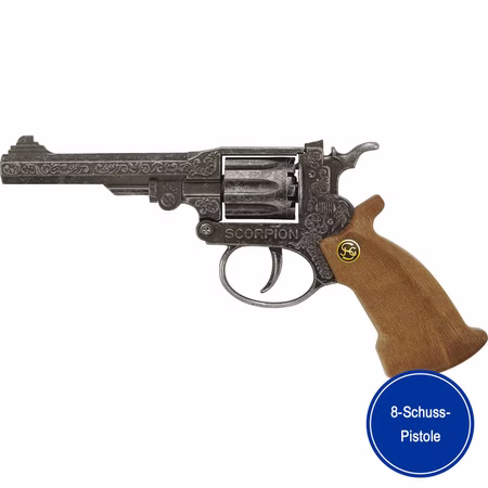 Cowboy Pistole Scorpion Antik 22 cm 8-Schuss-Revolver Kostüm-Zubehör Western Fasching Karneval Mottoparty Kinderfasching Cowboy Pistole Scorpion Antik von der Seite mit dem Hinweis einer 8-Schuss-Pistole