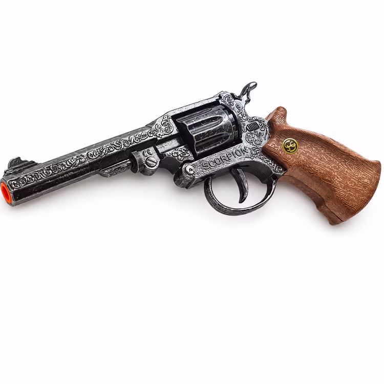 Cowboy Pistole Scorpion Antik 22 cm 8-Schuss-Revolver Kostüm-Zubehör Western Fasching Karneval Mottoparty Kinderfasching Antik gestalteter Cowboy-Revolver „Scorpion“ aus Zink und Kunststoff mit dekorativen Verzierungen und braunem Griff vor weißem Hintergrund.