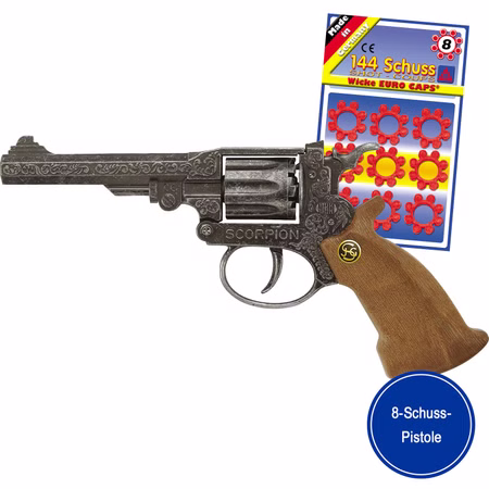 Spielzeug-Pistole Scorpion Antik 22 cm inkl. 144 Schuss Munition Kostüm-Zubehör 8-Schuss-Revolver Kostüm-Zubehör Western Fasching Karneval Mottoparty Kinderfasching Antik gestalteter Cowboy-Spielzeugrevolver „Scorpion“ mit braunem Griff und passender 144-Schuss-Ringmunition vor hellem Hintergrund.