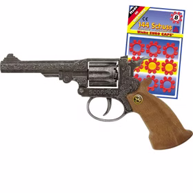 Antik gestalteter Cowboy-Spielzeugrevolver „Scorpion“ mit braunem Griff und passender 144-Schuss-Ringmunition vor hellem Hintergrund.