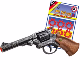 Antik gestalteter Cowboy-Spielzeugrevolver „Scorpion“ mit braunem Griff und passender 144-Schuss-Ringmunition vor hellem Hintergrund.