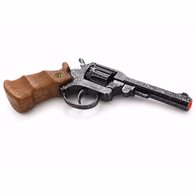 Cowboy Spielzeug-Revolver „Scorpion“ im Western-Stil mit antiker Optik, braunem Griff und dekorativer Metalloptik vor weißem Hintergrund.