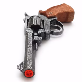 Detailaufnahme der Spielzeug-Pistole „Scorpion“ mit sichtbarer Trommel, geprägten Ornamenten und orangefarbener Sicherheitsmündung.