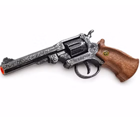 Antik gestalteter Cowboy-Revolver „Scorpion“ aus Zink und Kunststoff mit dekorativen Verzierungen und braunem Griff vor weißem Hintergrund.