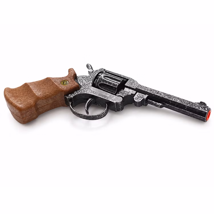 Spielzeug-Pistole Scorpion Antik 22 cm inkl. 144 Schuss Munition Kostüm-Zubehör 8-Schuss-Revolver Kostüm-Zubehör Western Fasching Karneval Mottoparty Kinderfasching Cowboy Spielzeug-Revolver „Scorpion“ im Western-Stil mit antiker Optik, braunem Griff und dekorativer Metalloptik vor weißem Hintergrund.