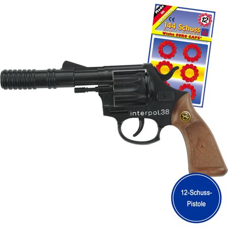 Polizei Pistole Interpol 38 mit Schalldämpfer 23 cm lang inkl. 144 Schuss