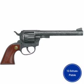 Pistole 26 cm Buntline mit Holzgriff Cowboy Räuber 12-Schuss Revolver Kostüm-Zubehör Fasching Karneval Western Mottoparty Hochwertige Spielzeug-Pistole Buntline mit Holzgriff von der Seite mit dem Hinweis einer 12-Schuss-Pistole