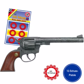 Pistole 26 cm Buntline mit Holzgriff mit 12-Schuss-Munition im Blister von der Seite