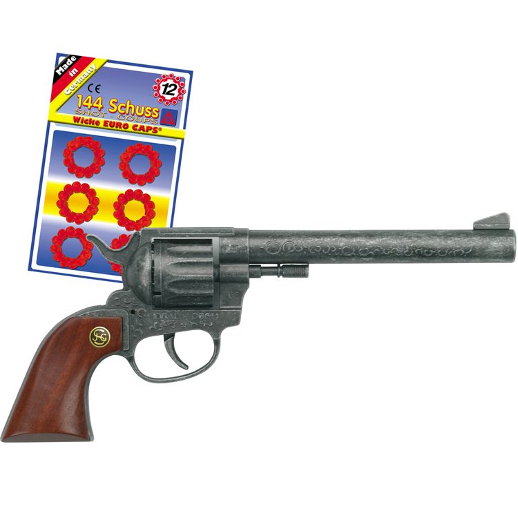 Pistole 26 cm Buntline mit Holzgriff für Cowboy & Räuber inkl. 144 Schuss  Pistole 26 cm Buntline mit Holzgriff mit 12-Schuss-Munition im Blister von der Seite