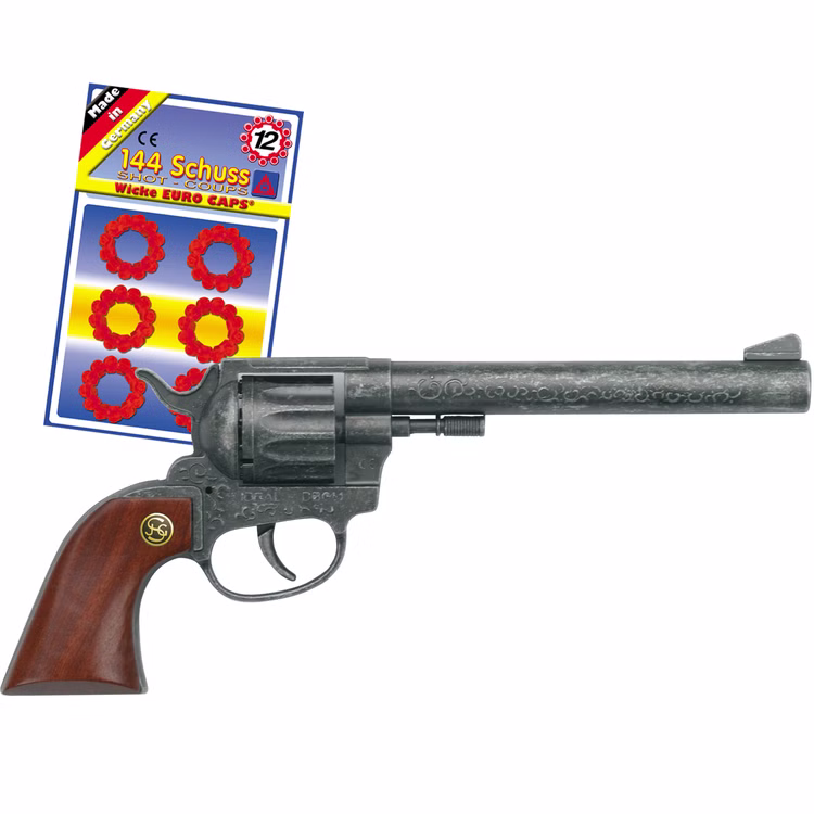 Pistole 26 cm Buntline mit Holzgriff für Cowboy & Räuber inkl. 144 Schuss Kostüm-Zubehör Fasching Karneval Western Mottoparty Pistole 26 cm Buntline mit Holzgriff mit 12-Schuss-Munition im Blister von der Seite