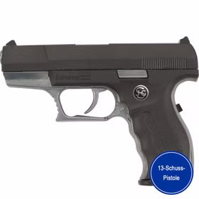 Pistole Eurocop Schwarz Silber 16,5 cm Polizei 13-Schuss-Pistole mit herausnehmbarem Magazin Kostüm-Zubehör Fasching Karneval Mottoparty Rollenspiel Pistole Eurocop Schwarz für Kinder und Erwachsene in der Verpackung von der Seite mit dem Hinweis einer 13-Schuss-Pistole