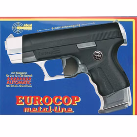Pistole Eurocop Schwarz Silber 16,5 cm Polizei 13-Schuss-Pistole mit herausnehmbarem Magazin Kostüm-Zubehör Fasching Karneval Mottoparty Rollenspiel Pistole Eurocop Schwarz für Kinder und Erwachsene in der Verpackung von Vorne